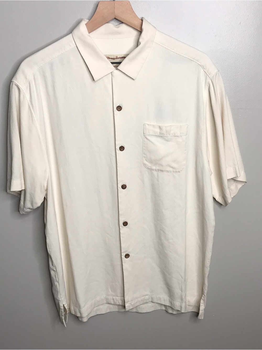Tommy Bahama Cream Short-Sleeve Silk Button-Down Shirt Men’s Large
